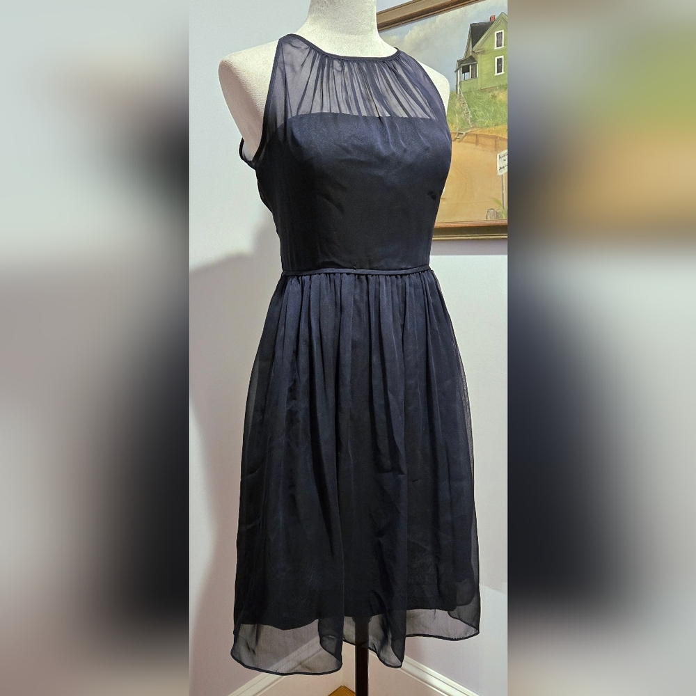 Adrianna Papell navy party dress fit-flare crepe-layered midi 39" length sz 10